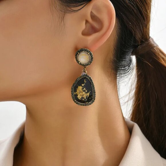 NEW Black and Gold Chunky Modernist Stone Drop Earrings - Picture 1 of 3